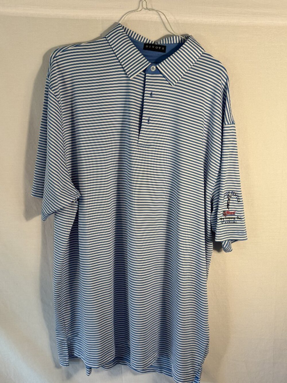 Divots Mens XL Golf Polo Shirt Blue White Striped Embroidered Short Sleeve Knit